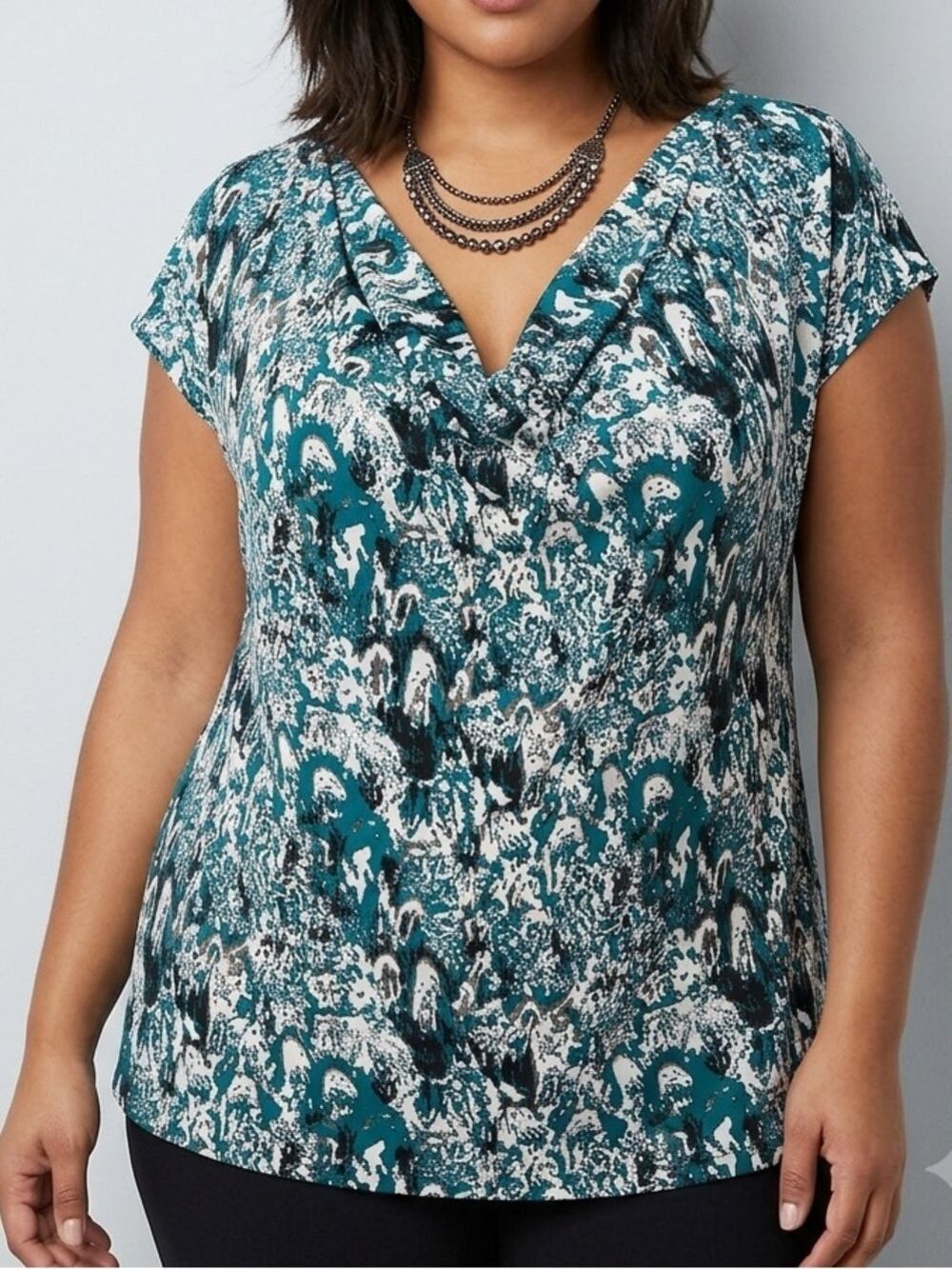 Fashion Avenue Teal White Drape Neck Blouse 3X